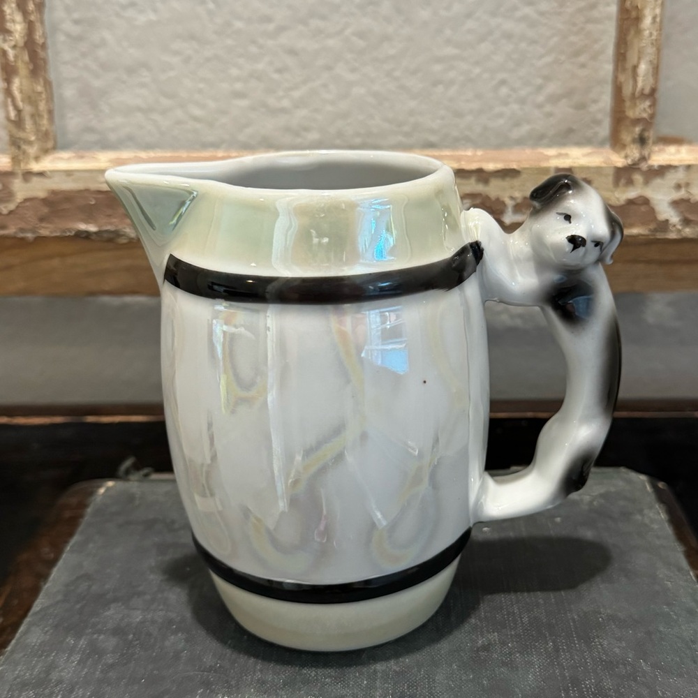 Vintage Lusterware Pitcher With Black/White Dog Shaped Handle